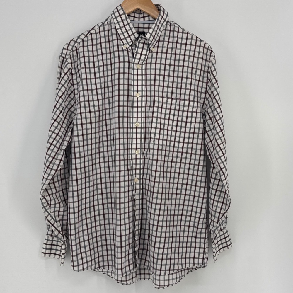 Jos. A. Bank Signature Collection Mens Shirt M White Burgundy Plaid Wrinkle Free